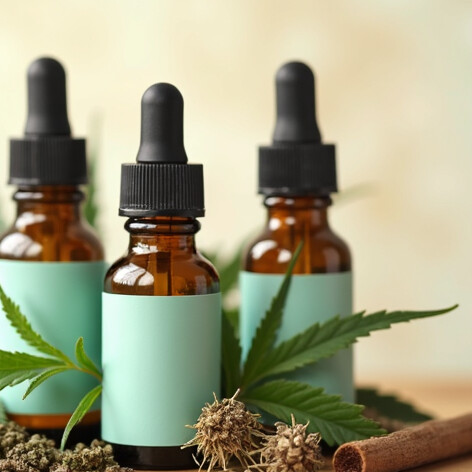 CBD botanicals, oils, and supplements displayed with hemp leaves and natural ingredients