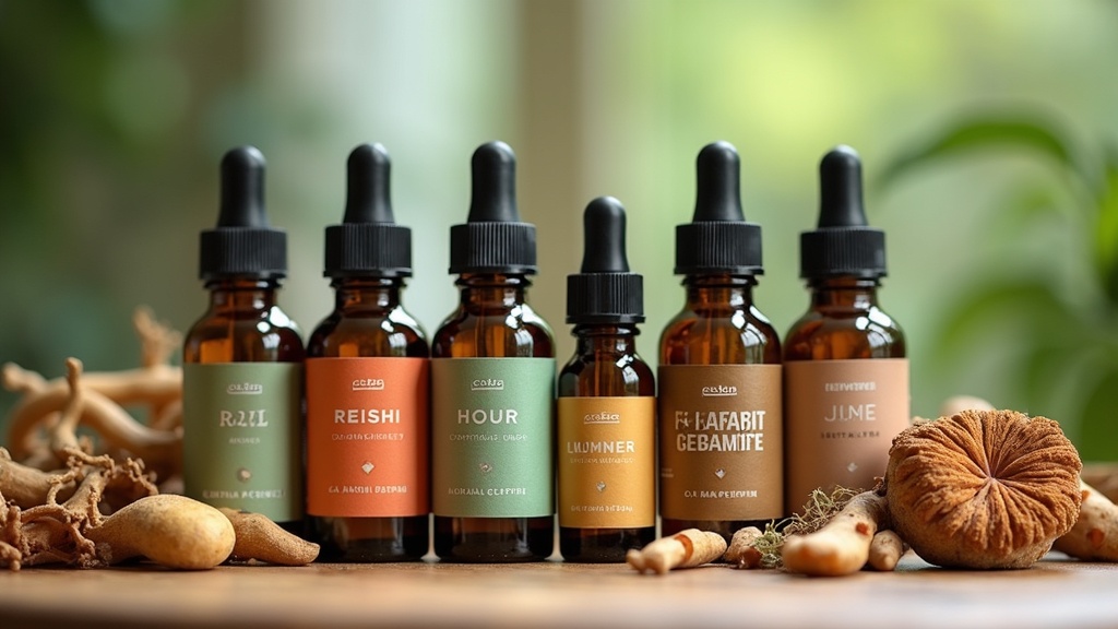 Botanical elements, adaptogenic mushrooms, and CBD tinctures on a table