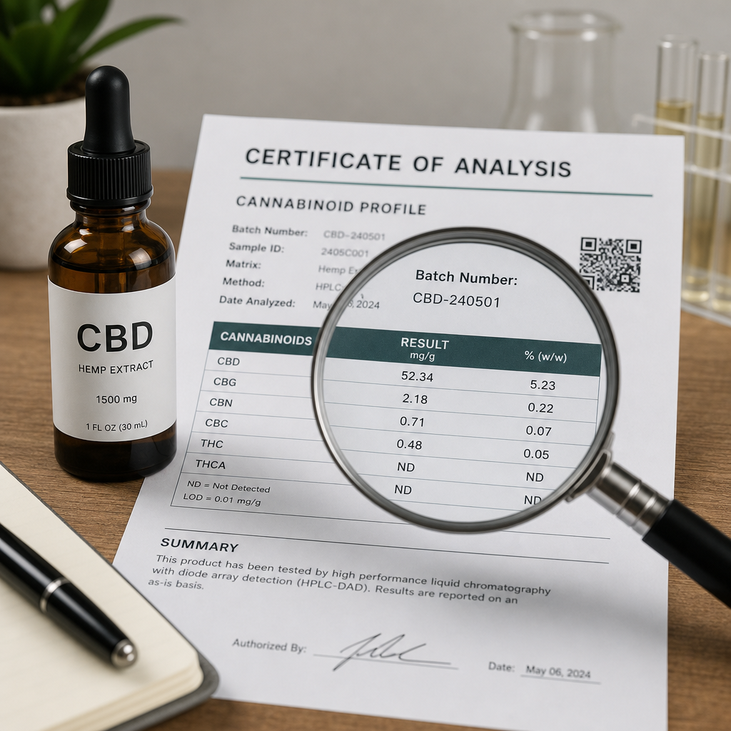 CBD bottle beside a readable laboratory report, with a magnifying glass emphasizing the batch number and cannabinoid results. 