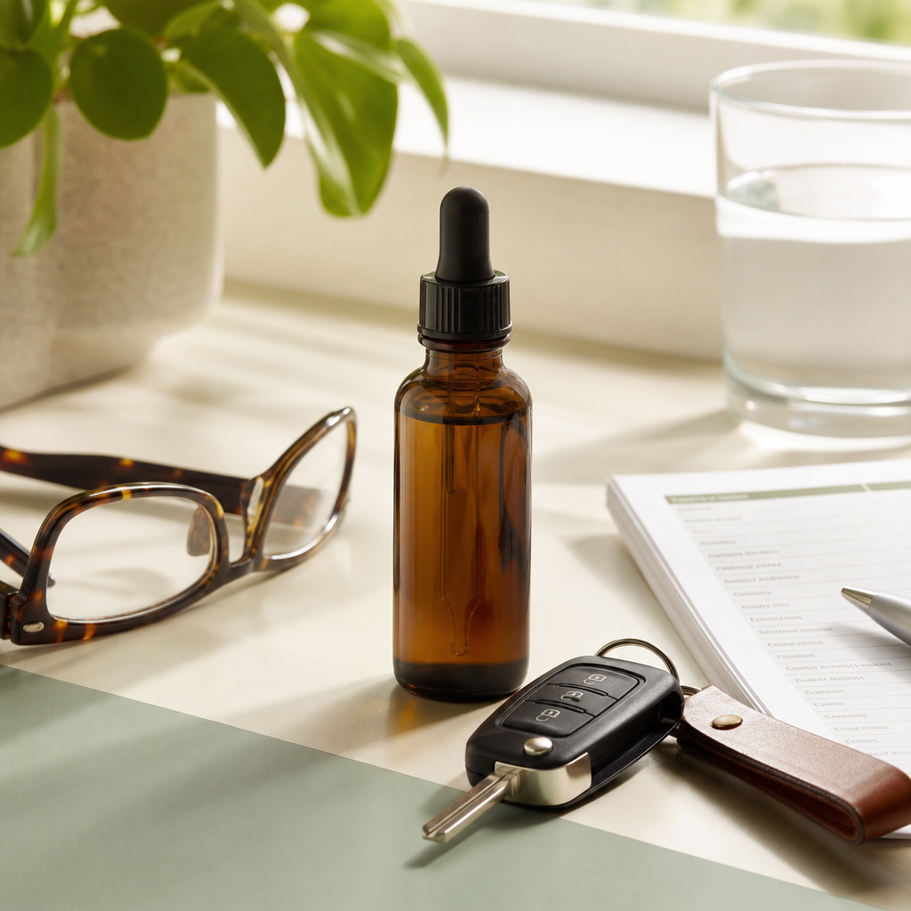 CBD bottle on a clean cream-and-sage surface beside car keys, reading glasses, and a medication list.