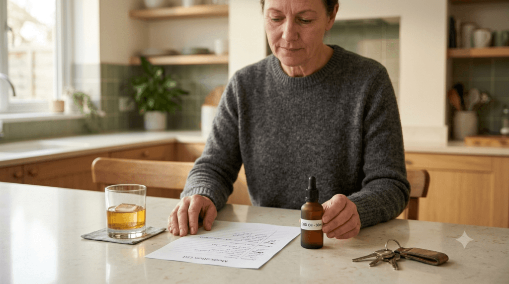 Adult pausing before combining a CBD oil bottle with an alcoholic drink while reviewing safety information. 