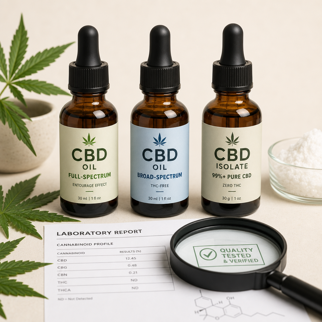 Three clearly labeled amber CBD bottles—Full-Spectrum, Broad-Spectrum, and CBD Isolate
