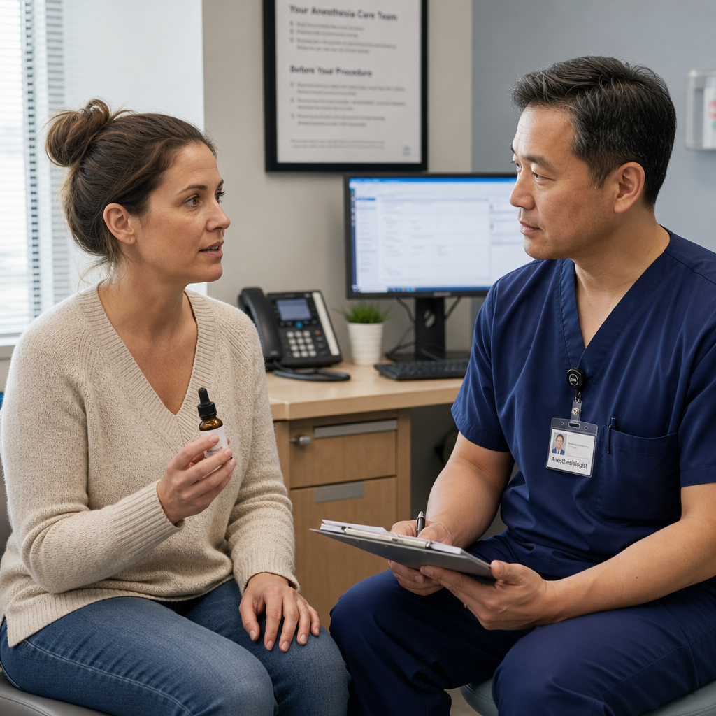 consultation showing an adult patient holding a small CBD bottle while speaking privately with an anesthesiologist.