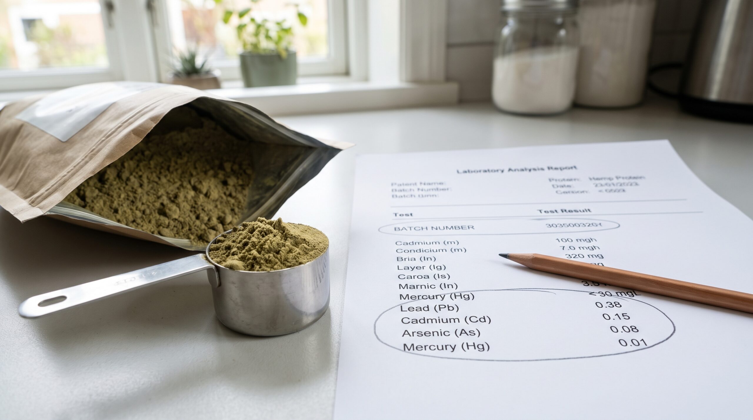 Opened bag of green-brown hemp protein beside a level scoop for checking a product label and batch report