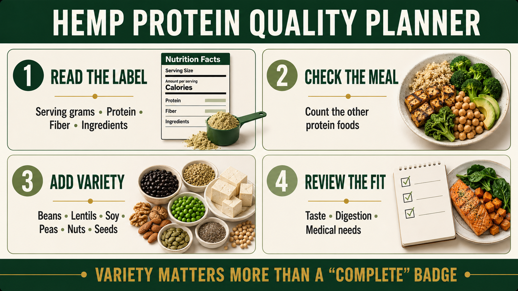 Four-step hemp protein quality planner: read the label, check the meal, add protein variety, and review personal fit