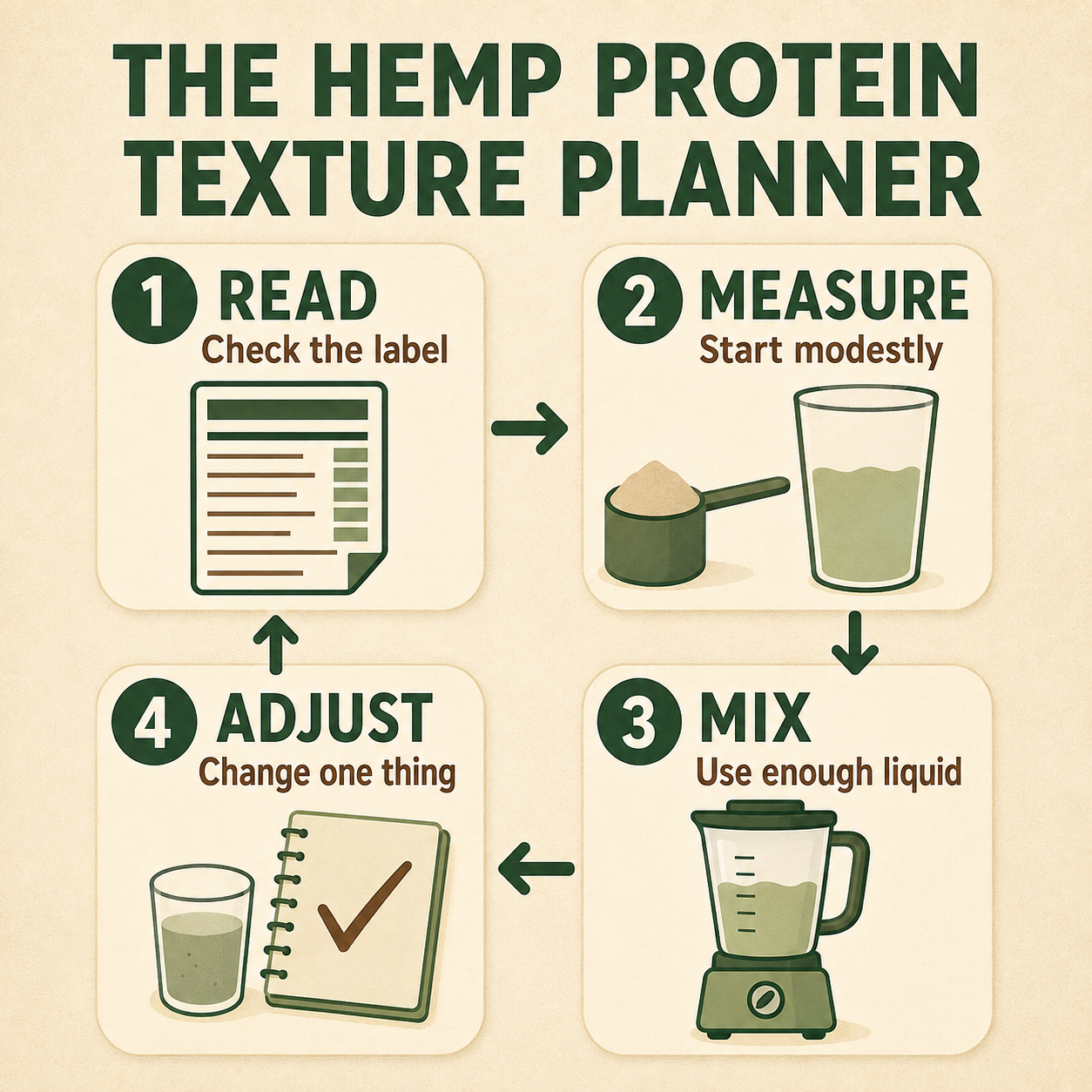 Four-step hemp protein texture planner: read the label, measure a modest amount, mix with enough liquid and adjust one thing