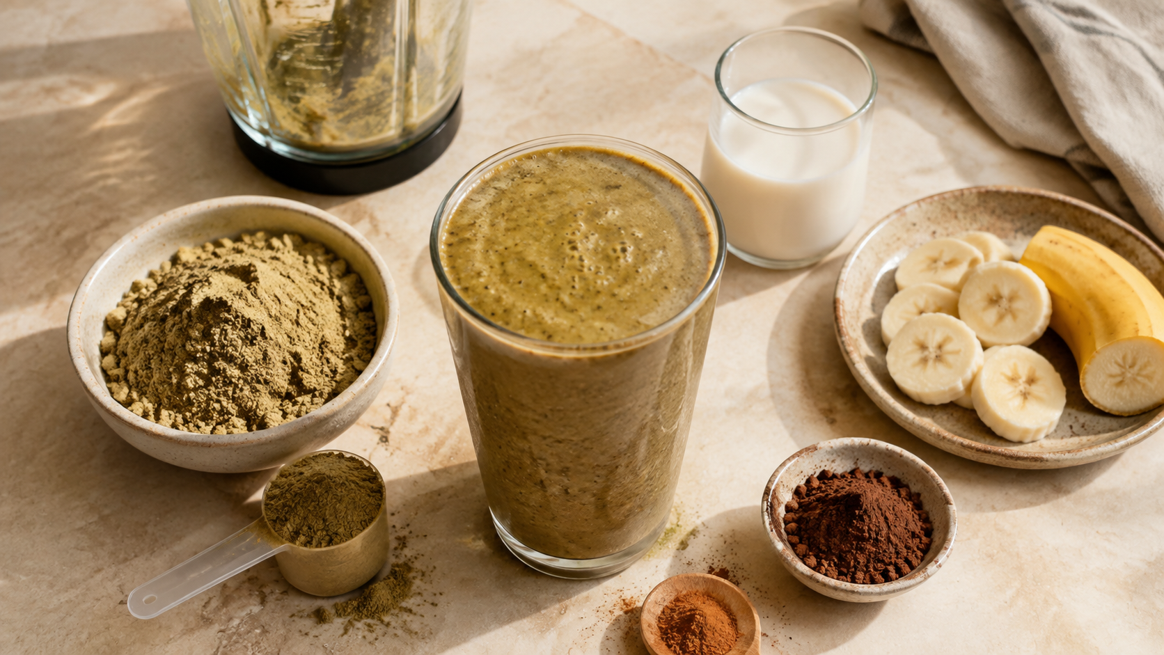 Hemp protein smoothie beside powder, a level scoop, blender, banana, cocoa and cinnamon for a practical texture test