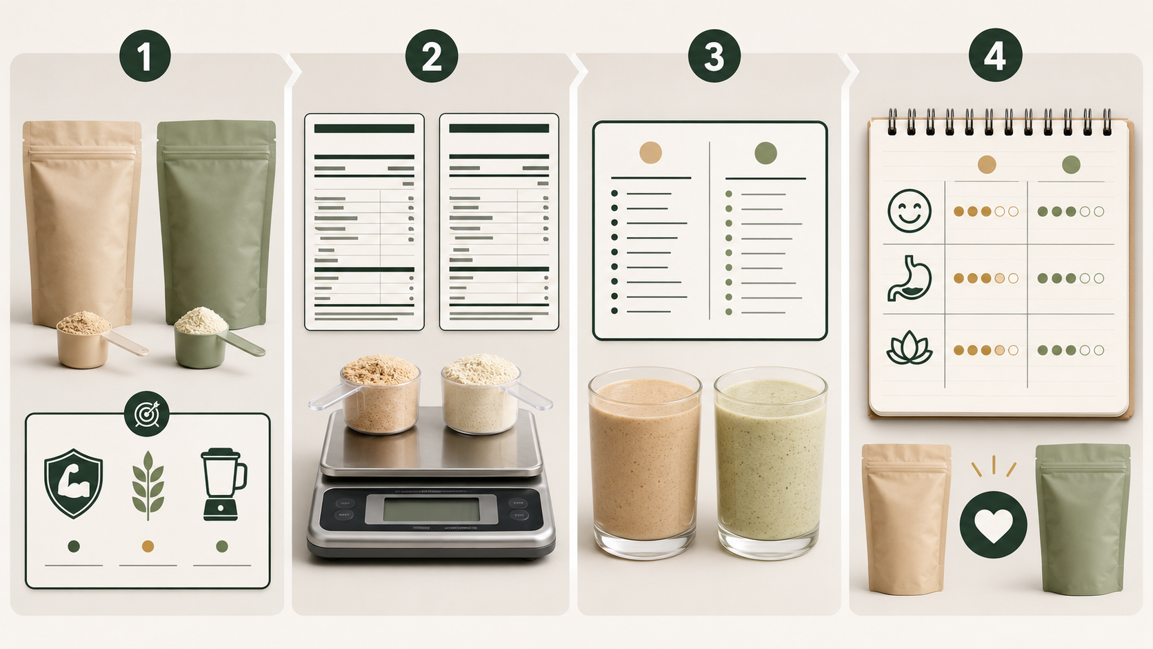 Four-step hemp versus pea protein planner comparing goals, nutrition labels, smoothie texture, taste, and digestive comfort.