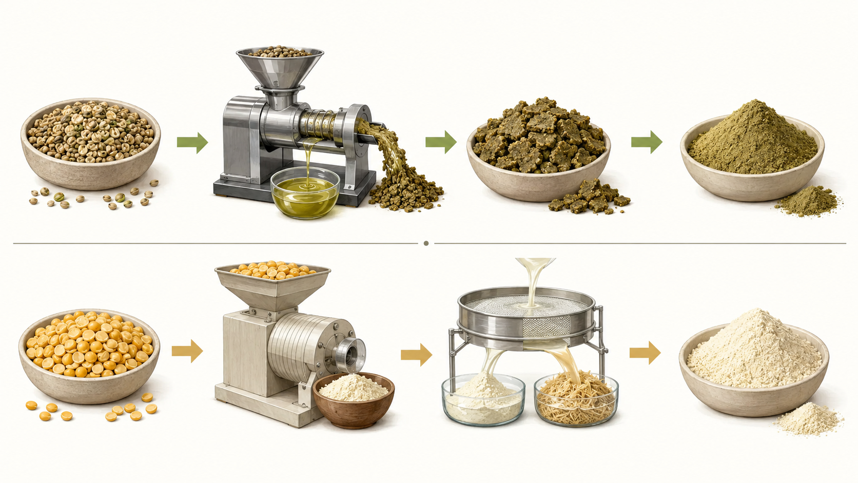 Hemp seeds being pressed and milled into protein powder compared with yellow peas being separated and processed into pea protein powder.