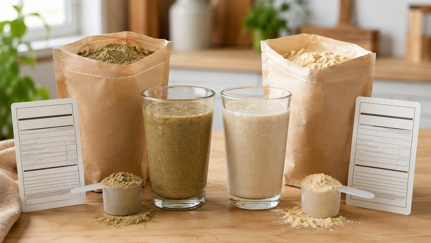 Hemp protein and pea protein powders beside separate smoothies, scoops, and nutrition labels.