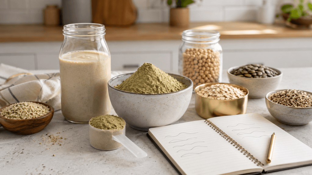 Hemp protein powder, a measured scoop, smoothie, legumes, grains, seeds, and a nutrition notebook on a kitchen counter