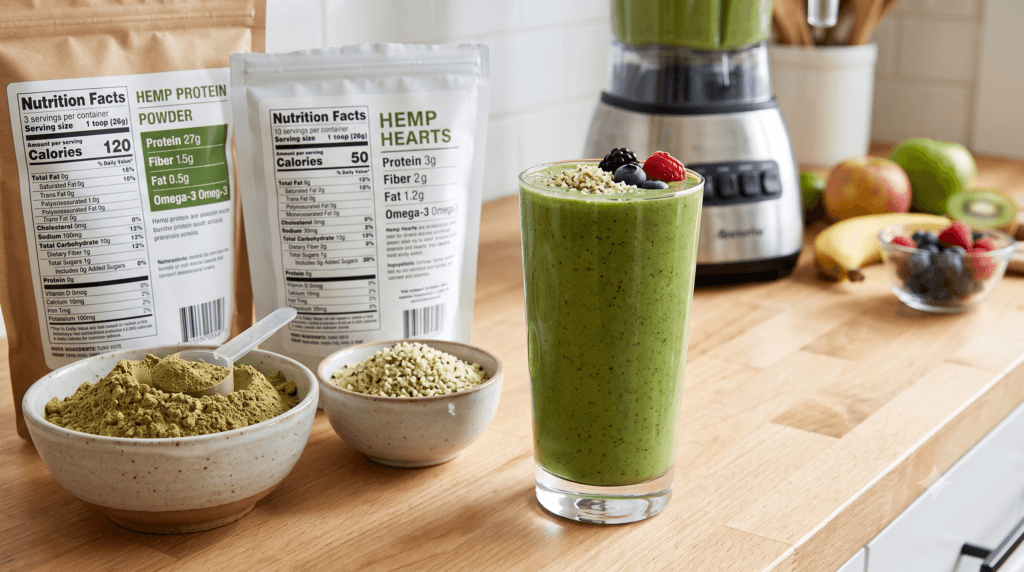 Hemp protein powder and hemp hearts in separate bowls beside a smoothie and nutrition labels