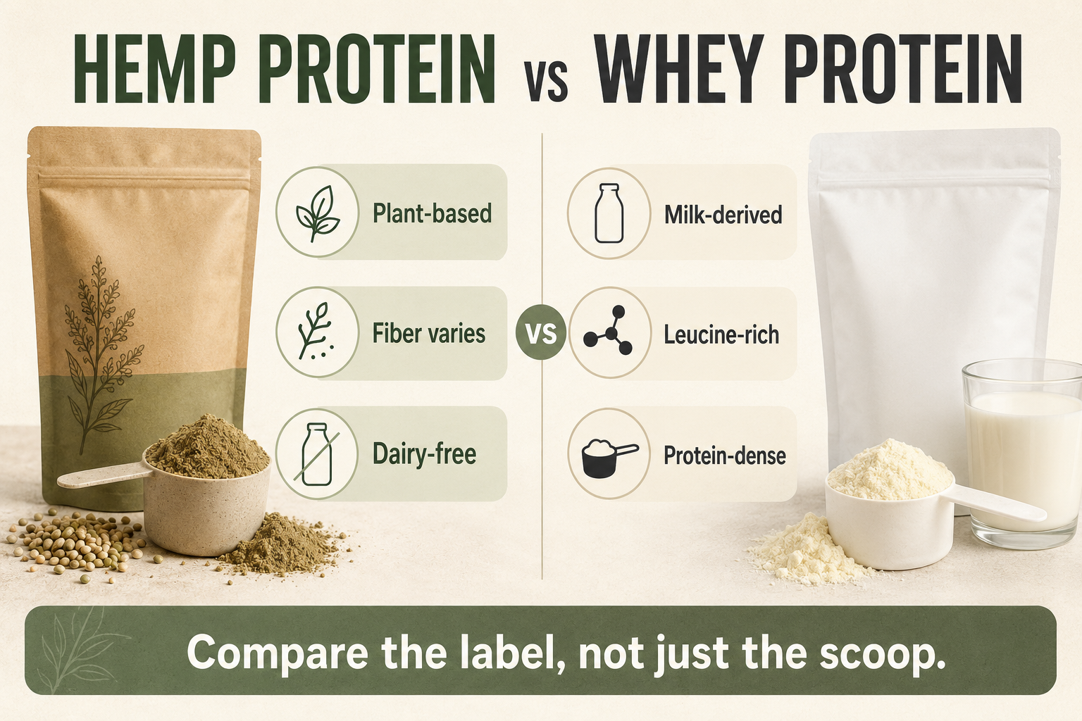 Hemp protein vs whey protein comparison showing dairy-free, fiber, milk, leucine, and protein-density differences