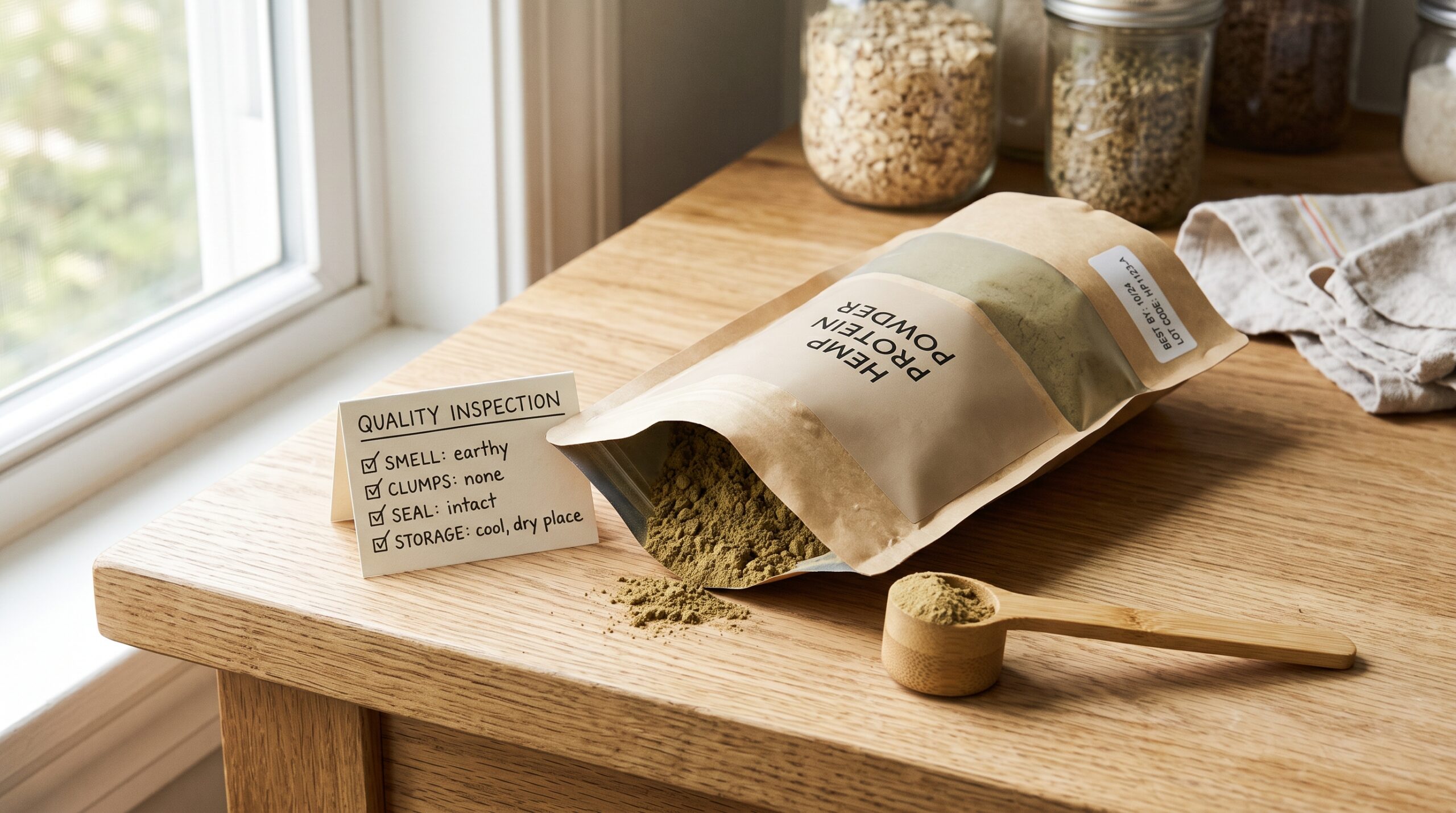 Opened bag of green-brown hemp protein powder beside a clean, dry scoop