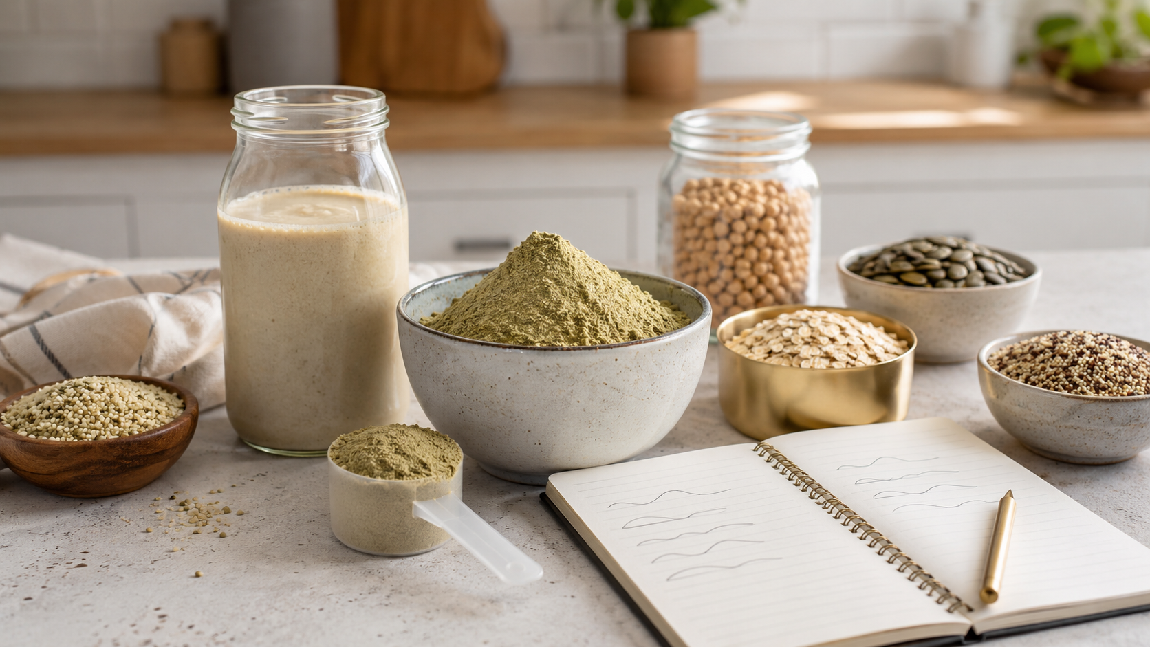 Hemp protein powder, a measured scoop, smoothie, legumes, grains, seeds, and a nutrition notebook on a kitchen counter