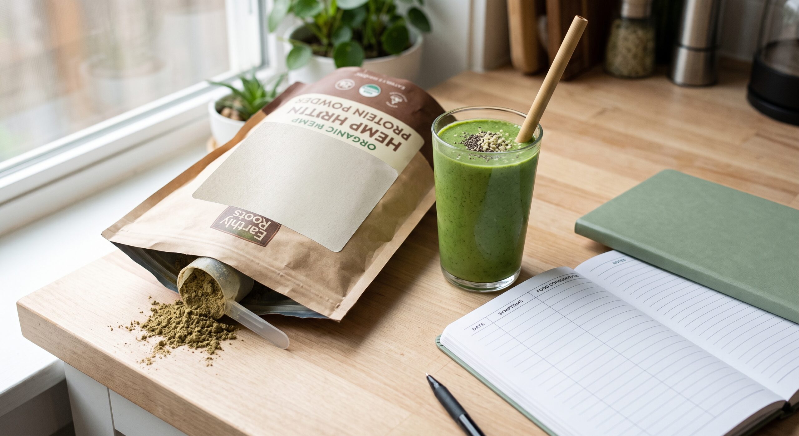 Opened bag of hemp protein powder with scoop, green smoothie, ingredient label and symptom notebook