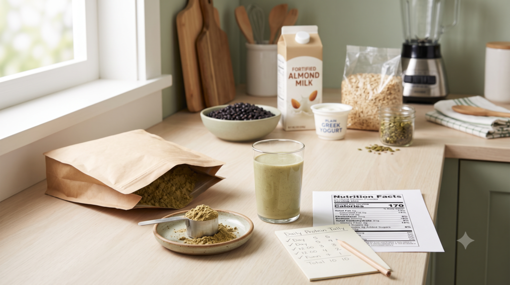 How much hemp protein powder per day shown with a measured scoop, nutrition label, and daily food log