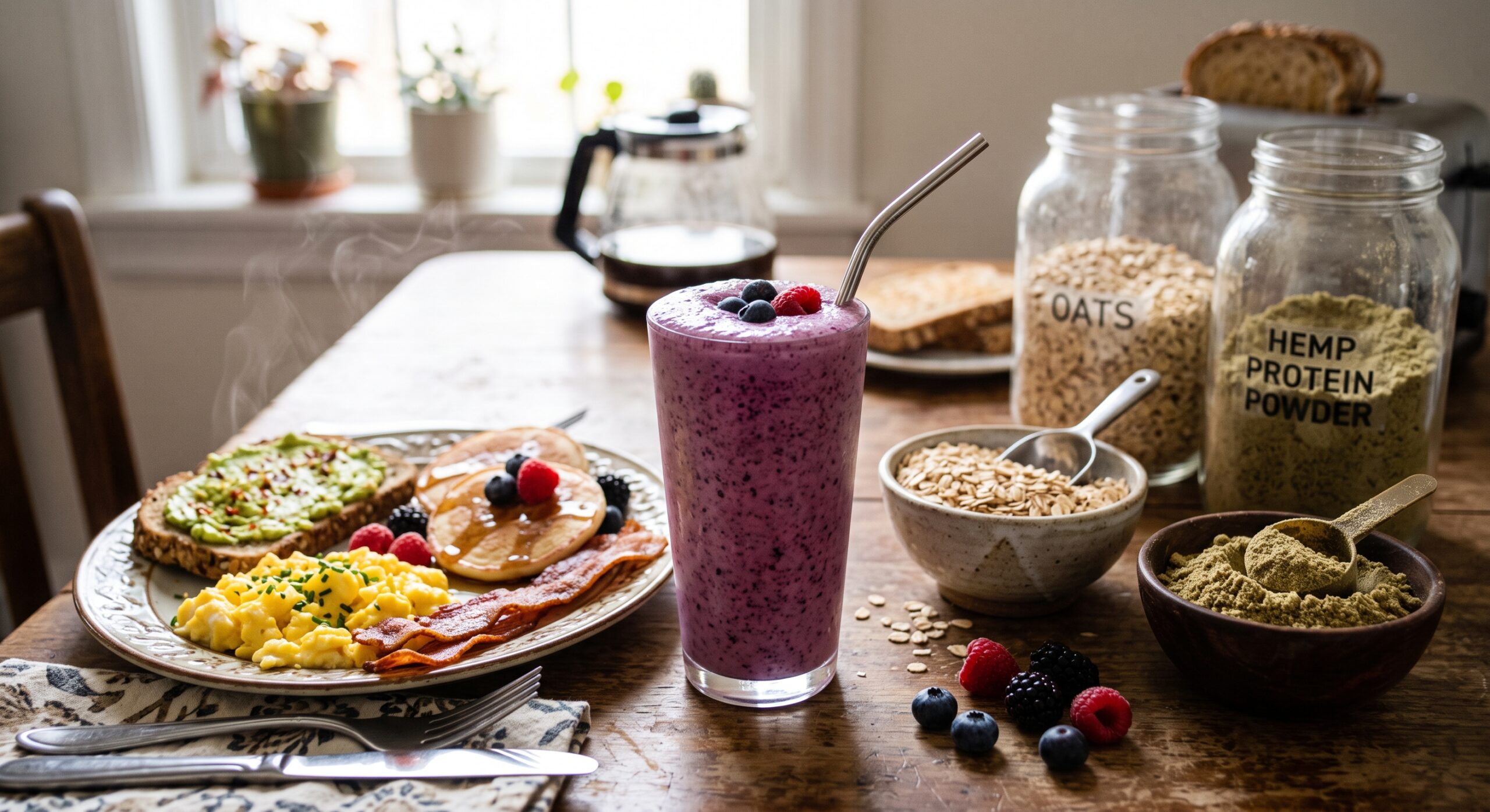 Berry smoothie beside hemp protein powder, oats, and a breakfast plate with eggs and avocado toast