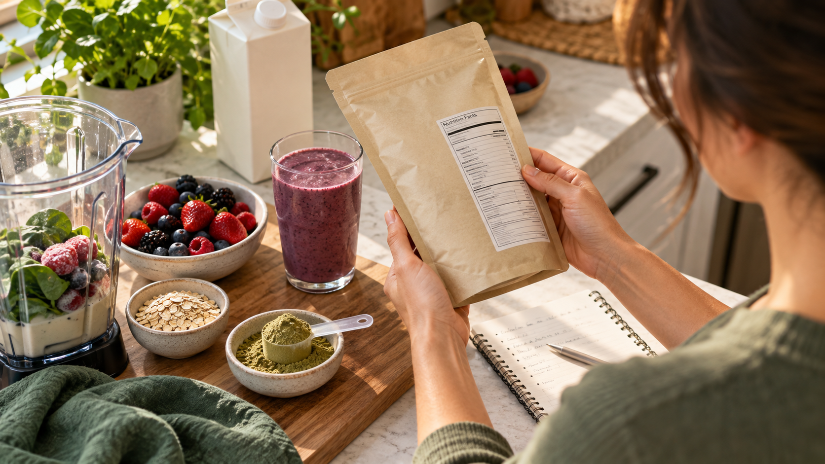 Person checks a hemp protein Nutrition Facts label beside berries, oats, a smoothie, and a recipe notebook.