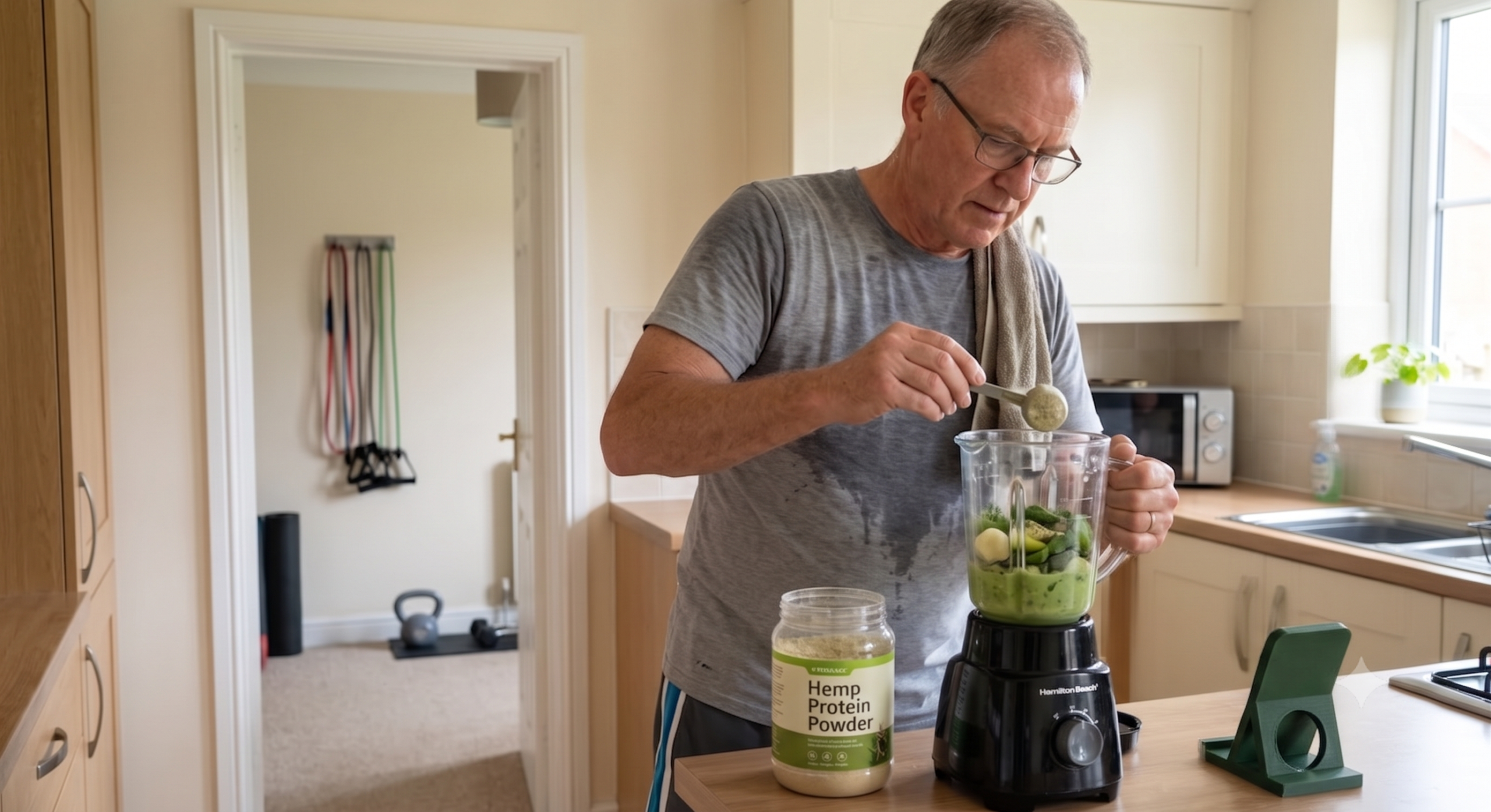 Person measuring hemp protein powder into a smoothie after a home resistance workout