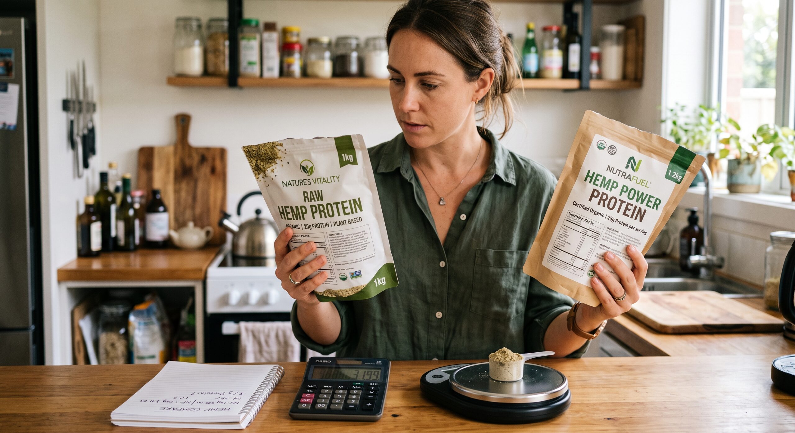 Shopper comparing two hemp protein bags.
