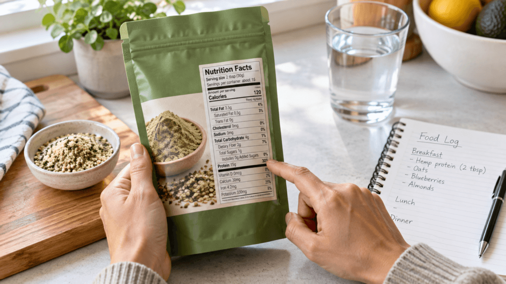 Person checking a hemp protein nutrition label beside a food log and glass of water