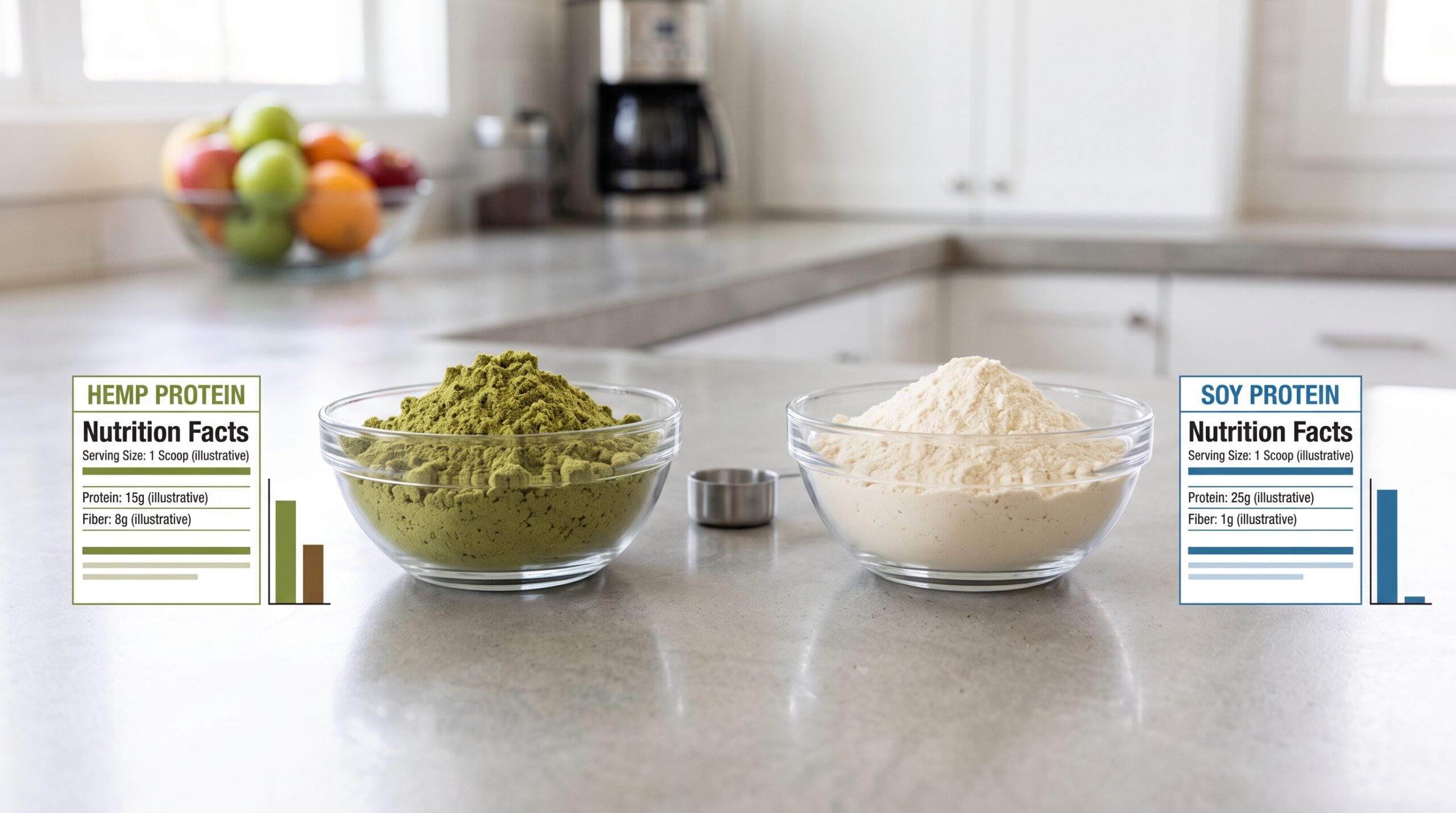 Kitchen counter comparison of earthy green hemp protein and pale soy protein
