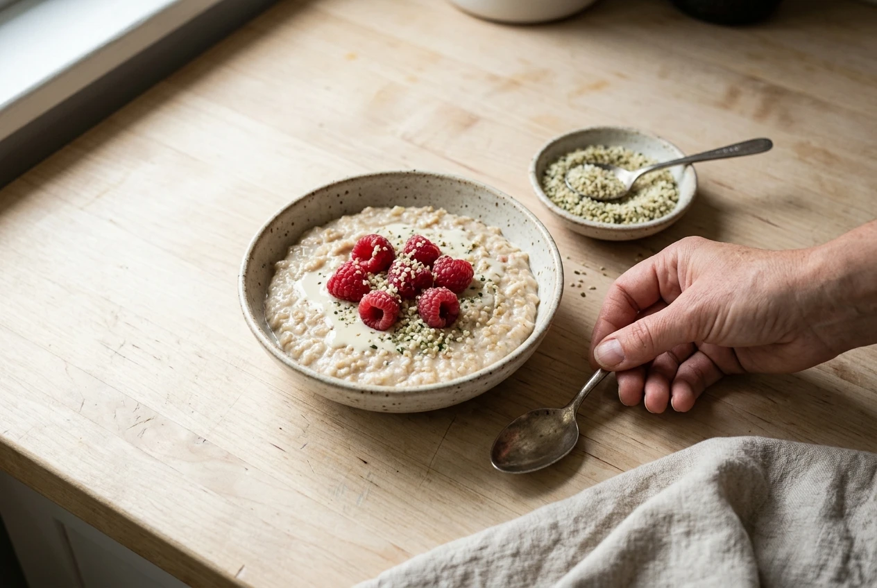 Oatmeal bowl topped with hemp hearts.